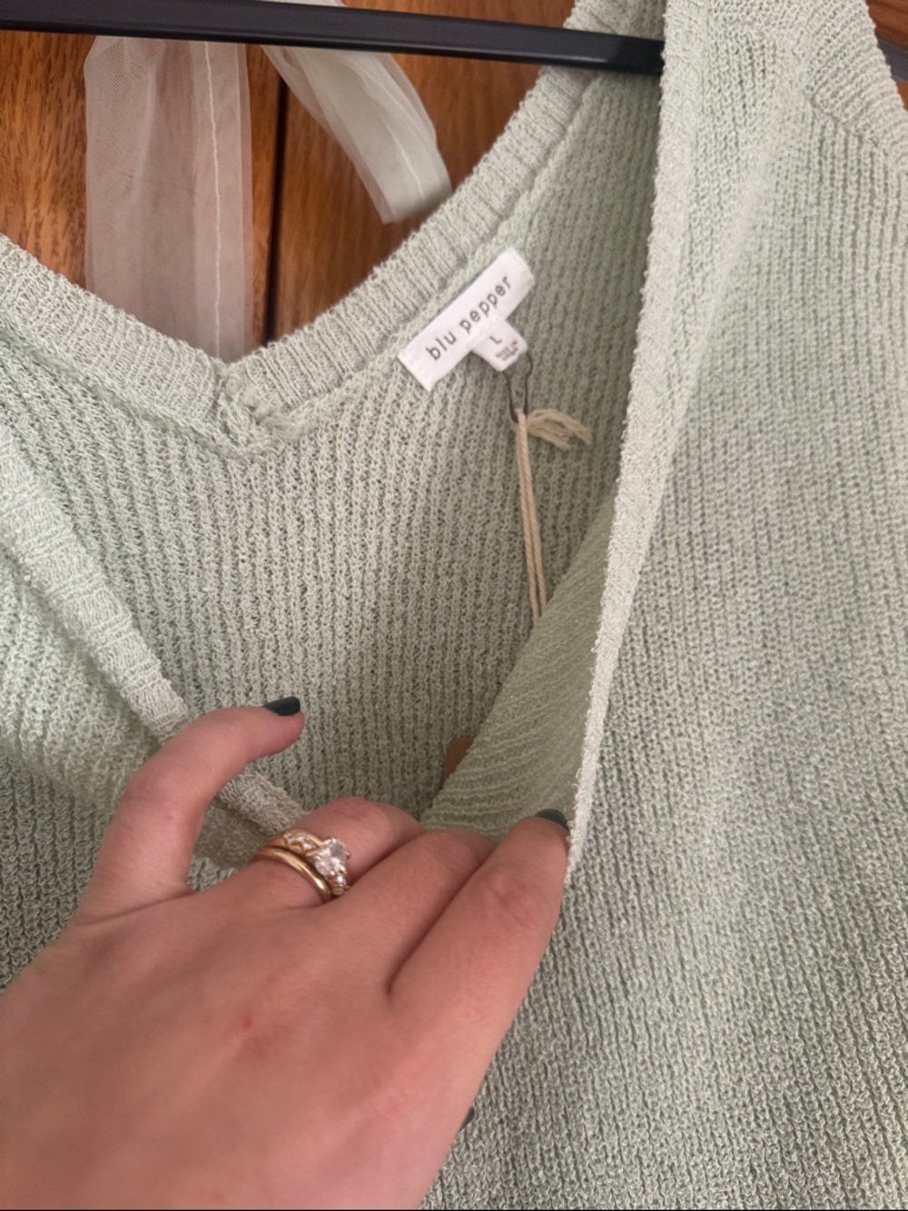 Boutique Blu Pepper Light Sage Green Short Sleeve Knit Top with Back Tie - Picture 3 of 4